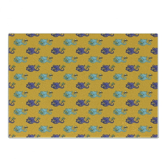 Sea Monster Cutting Board, Cartoon Style of Octopus Looking at Mini Ships, Decorative Tempered Glass Cutting and Serving Board, in 3 Sizes, by Ambesonne