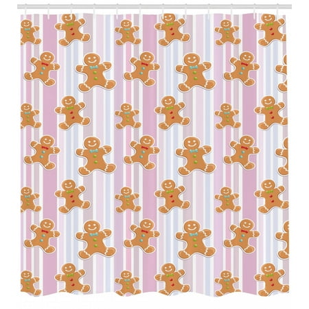 - Gingerbread Man Shower Curtain, Kids Pattern with Pastel Colored Striped Backdrop Cute Bakery Xmas Goodies, Fabric Bathroom Set with Hooks, Multicolor, by Ambesonne