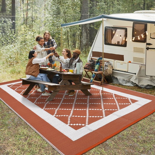 Outdoor Rug – 9x12ft Modern Terracotta Orange/White – Waterproof, Reversible, Non-Slip & UV Resistant – Easy Clean, Geometric Grid – RV, Deck, Camping, Balcony & Backyard – USA Spec