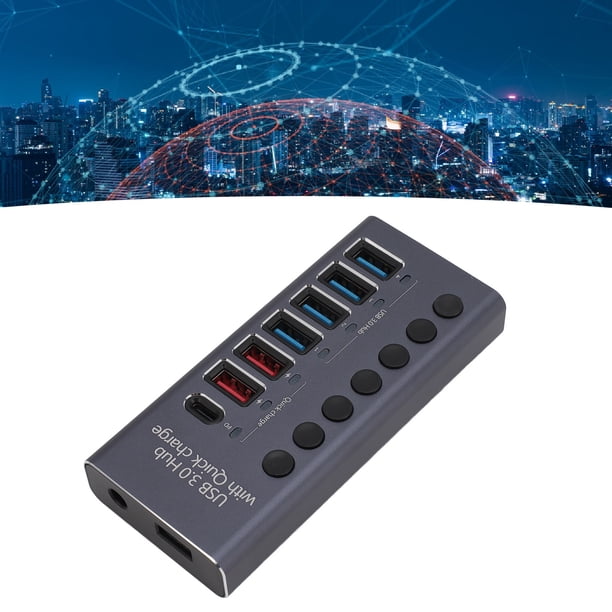 HUB USB 3.0, Divisor USB de 7 Puertos, 4 Puertos de Transferencia de DataS de Alta Velocidad, 3 Puertos de Carga Rápida Con Adaptador de Corriente E