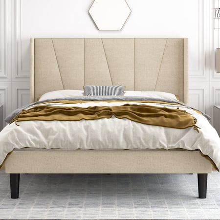 AINUO Full Size Upholstered Platform Bed Frame Light Beige Modern Geometric Wingback Headboard with Wooden Slats No Box Spring Needed Mattress Foundation for Bedroom