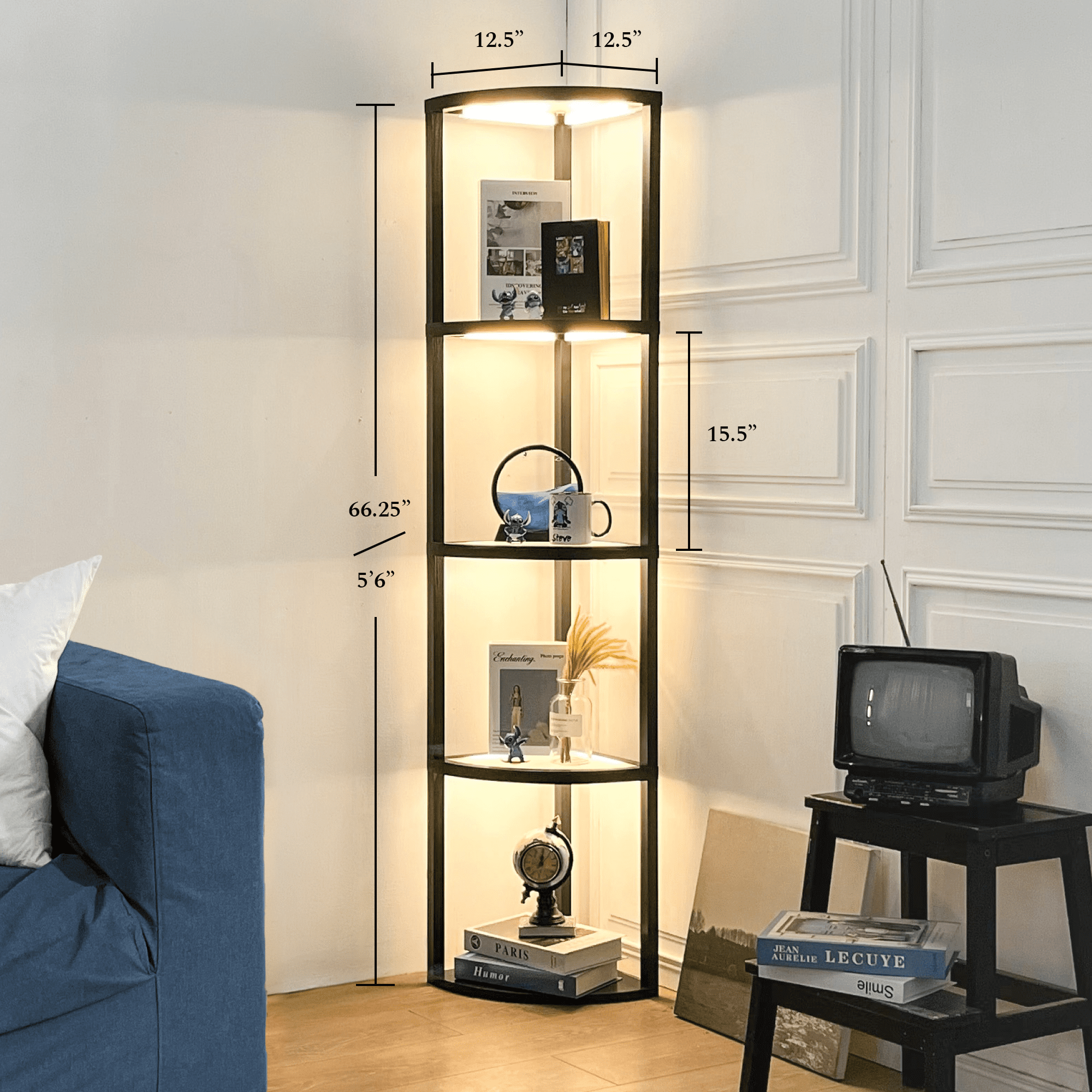 FENLO Fantasy Edge PRO 66-Inch Modern Glass LED Corner Floor Lamp with Shelves