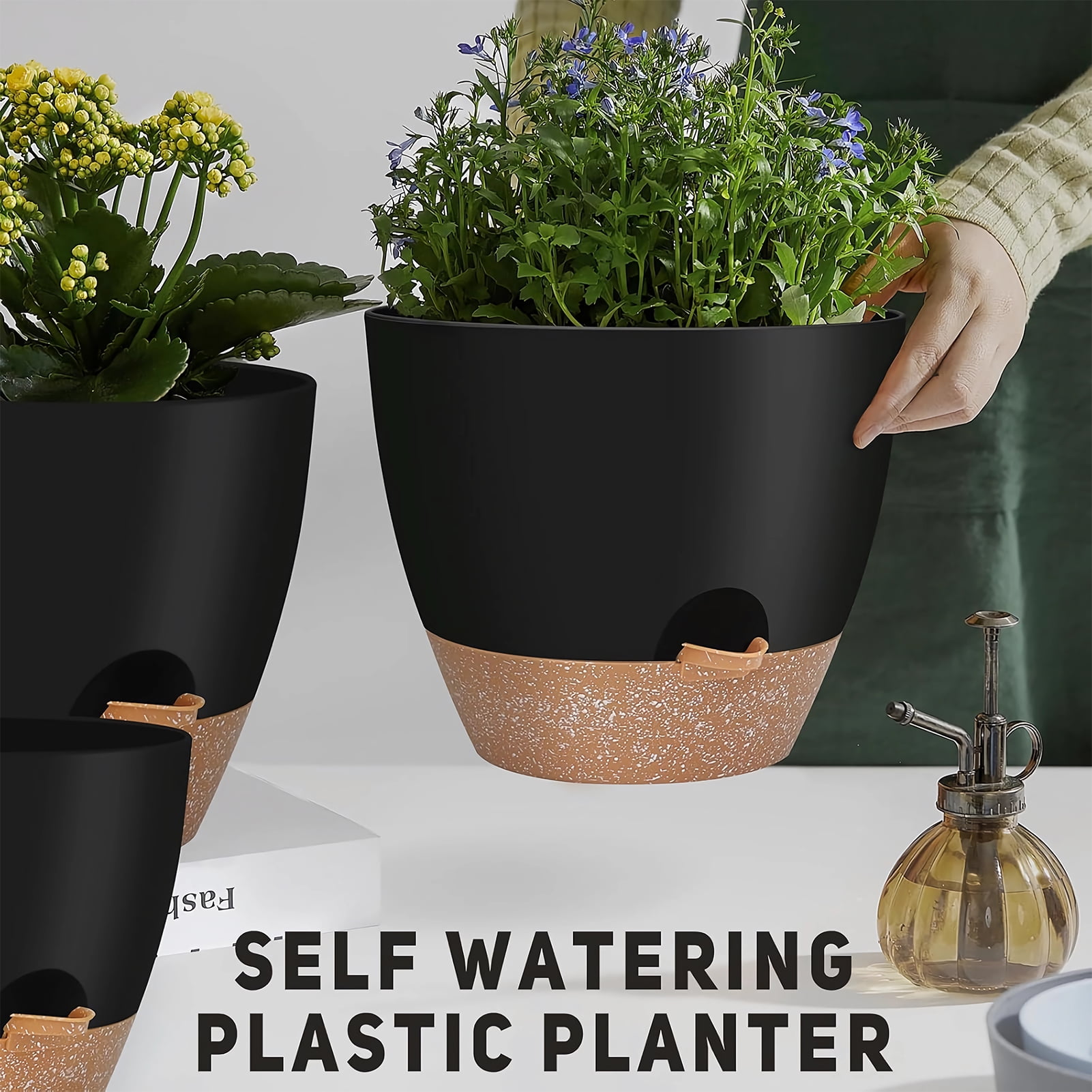 West Bay 12" 10" 9" Large Self Watering Plant Pots, 3 Pack Flower Pots Planters with Multi Mesh Drainage Holes for Indoor Outdoor Garden Plants and Flowers (Black)