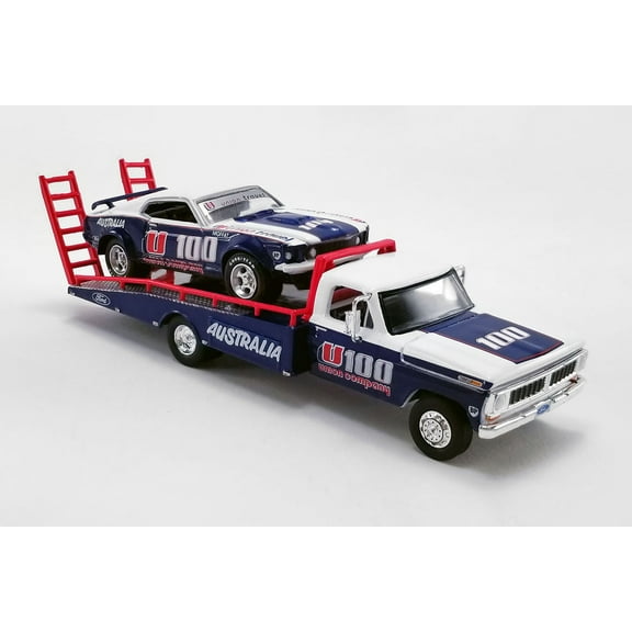1969 Ford Mustang Trans Am #U100 and Allan Moffat Racing U100 Ford F-350 Ramp Truck, Blue and White - Greenlight 51342 - 1/64 scale Diecast Model Toy Car