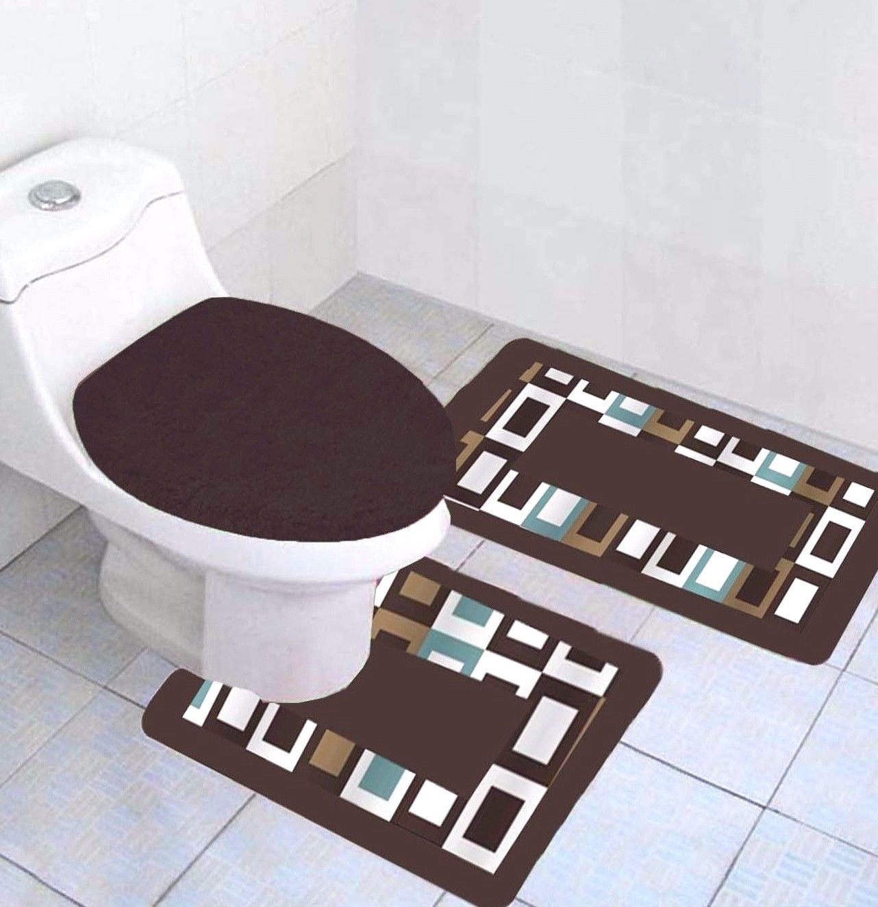 3PC Chocolate Checker Printed Bathroom Rug Set NONSLIP Bath Rug 17