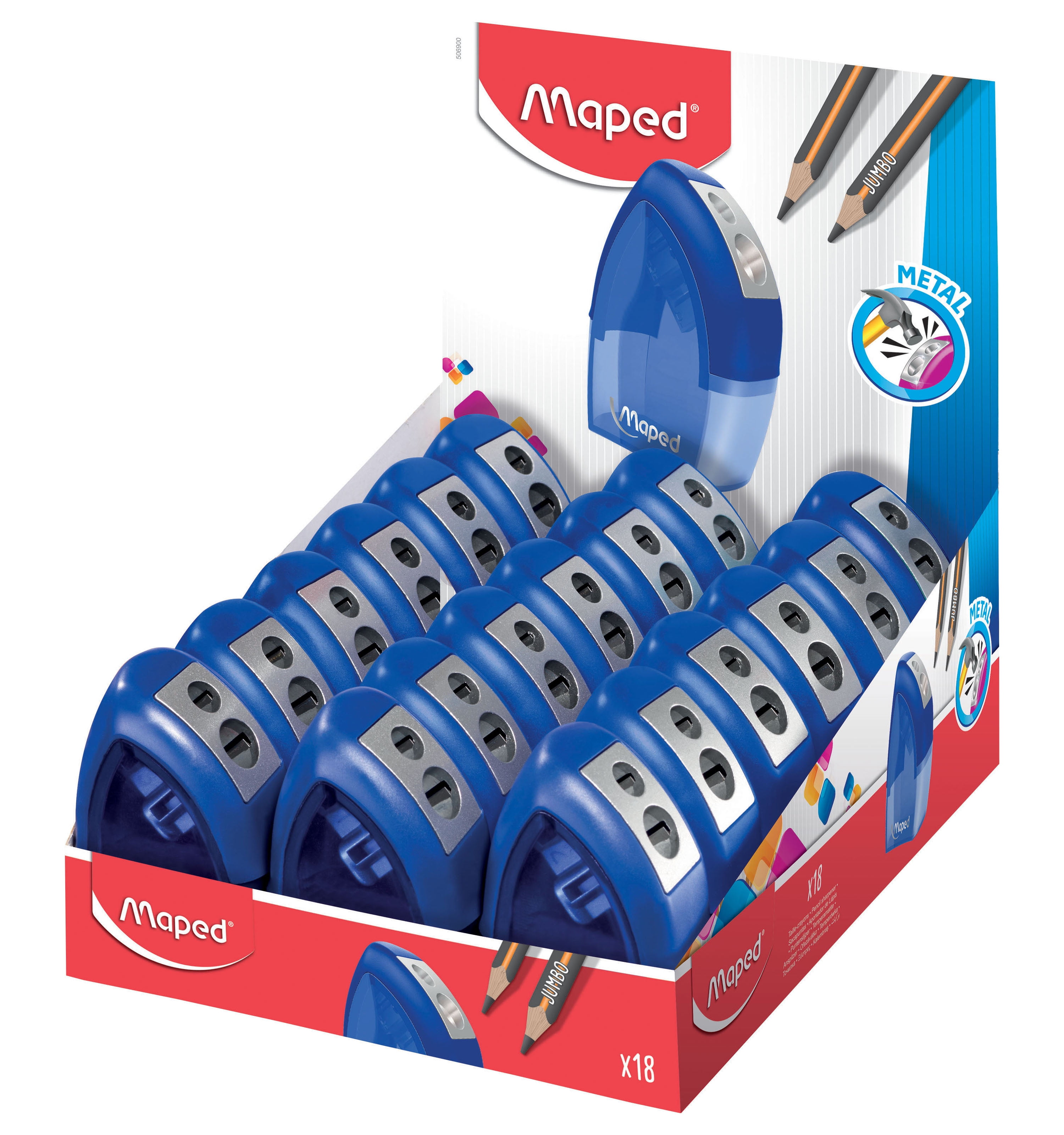 Maped Tonic 2-Hole Canister Pencil Sharpener with Metal Insert Display, 18 Pieces