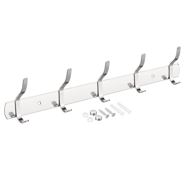 Abrigos Gancho Perchero, Inoxidable Acero Pared Montado con 5 Ganchos Gancho Raíl Pared Perchas para Dormitorio, Baño Plata