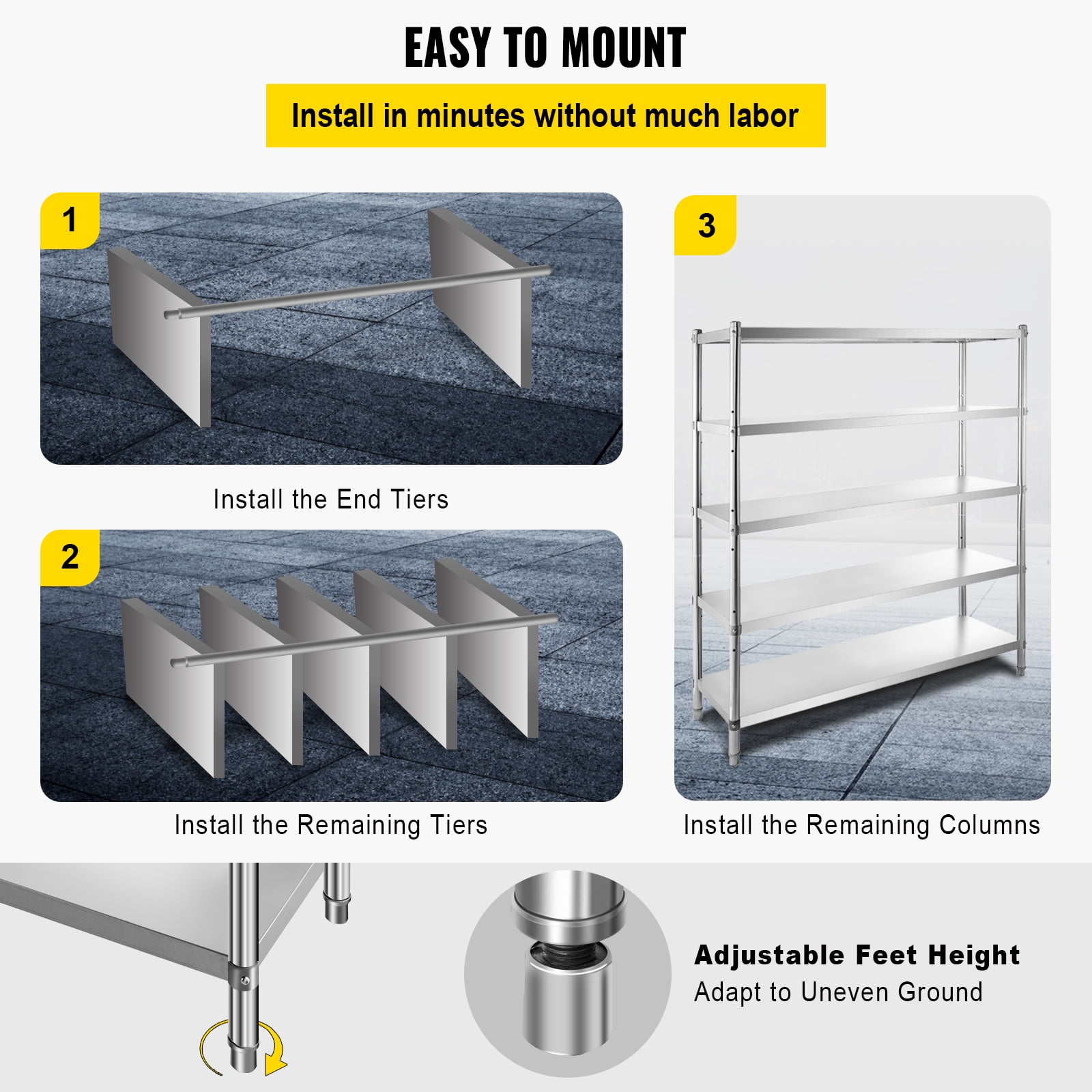 KFFKFF 5-Tier Storage Shelving Unit, 70.9 x 17.7 x 59 inch Storage Shelf, Stainless Steel Garage Shelf, Heavy Duty Storage Shelving, 1650 Lbs Total Capacity with Adjustable Height