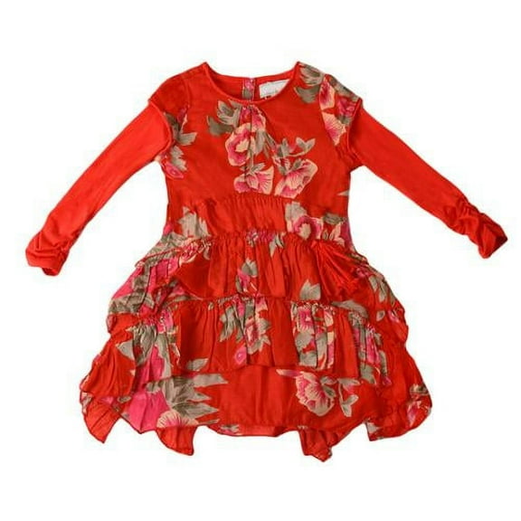Girls Red Floral Print Bohemian Ruffle Tiered Dress 11/12