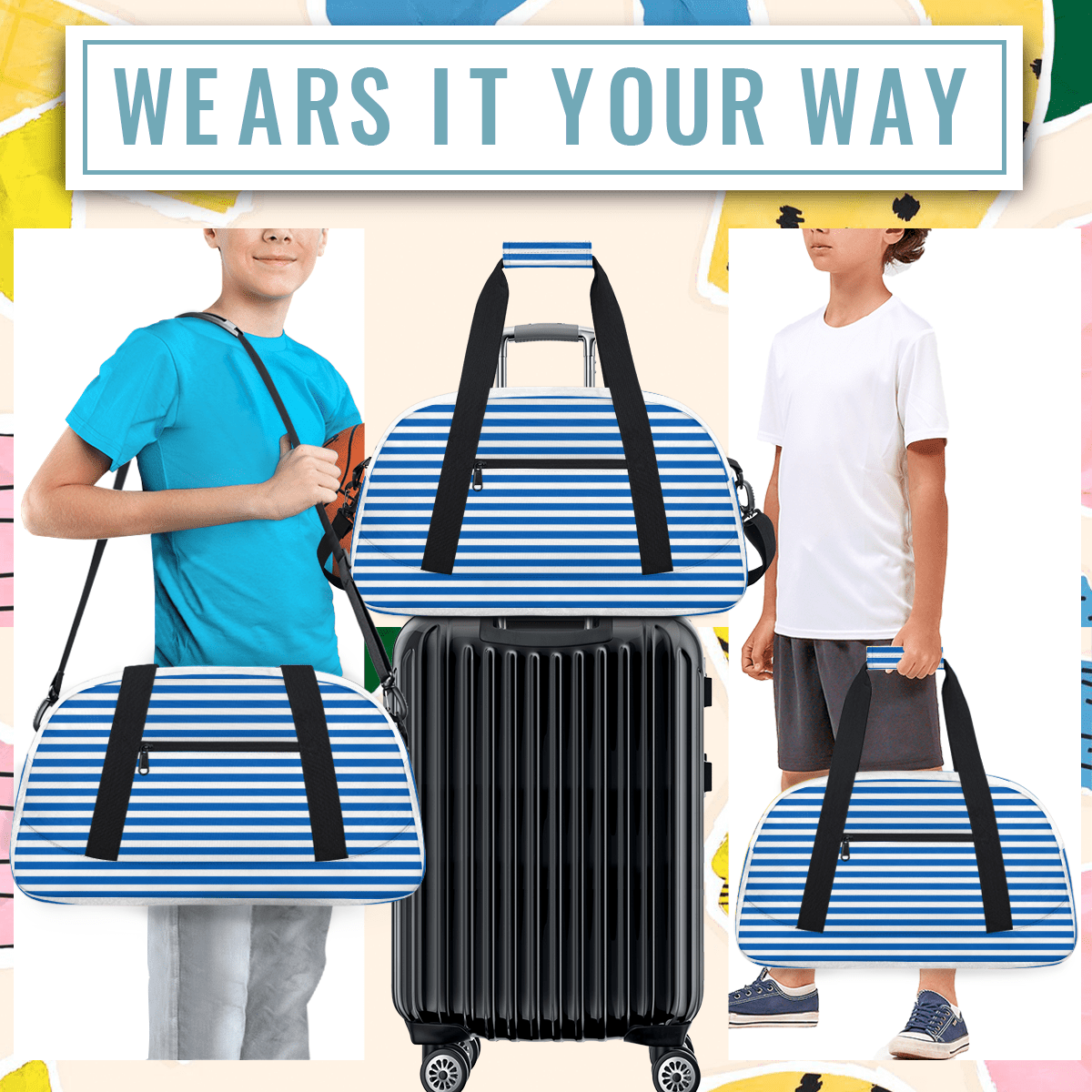 Herdesigns Blue Striped Sports Duffle Bag for Women & Men, Gym Bag Dance Bag Overnight Bag Carry On Weekender Travel Bag