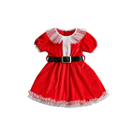 

SHIBAOZI Toddler Baby Girls Christmas Party Dress Lovely Short Puff Sleeve Round Neck A-Line Dress with Belt Clothes Set