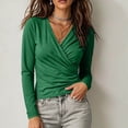 thumbnail image 2 of HongQid Women's Wrap V Neck Long Sleeve Top Front Twisted Ruched Detail Soft Stretchy Body Hugging Cut Casual Outfit for Spring Fall Fashion Basic Layering Blouse Tee Shirt, 2 of 6