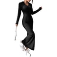 thumbnail image 3 of Women'S Casual Long Sleeve Collar V Neck Maxi Sweater Dress Slit Thigh Ribbed Knit Bodycon Pencil Dresses Black XL, 3 of 10