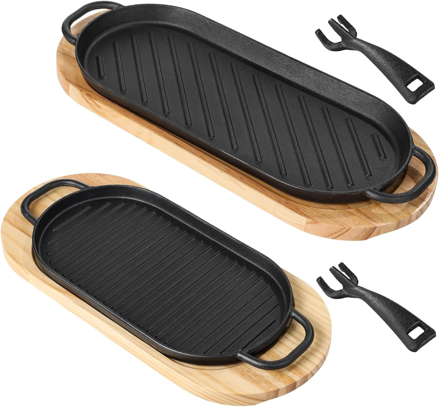 Cast Iron Skillet Set 2 PCS Fajita Plate Sizzling Pan with Wooden Base Removable Handle for Outdoor Grilling BBQ Kitchen Cooking