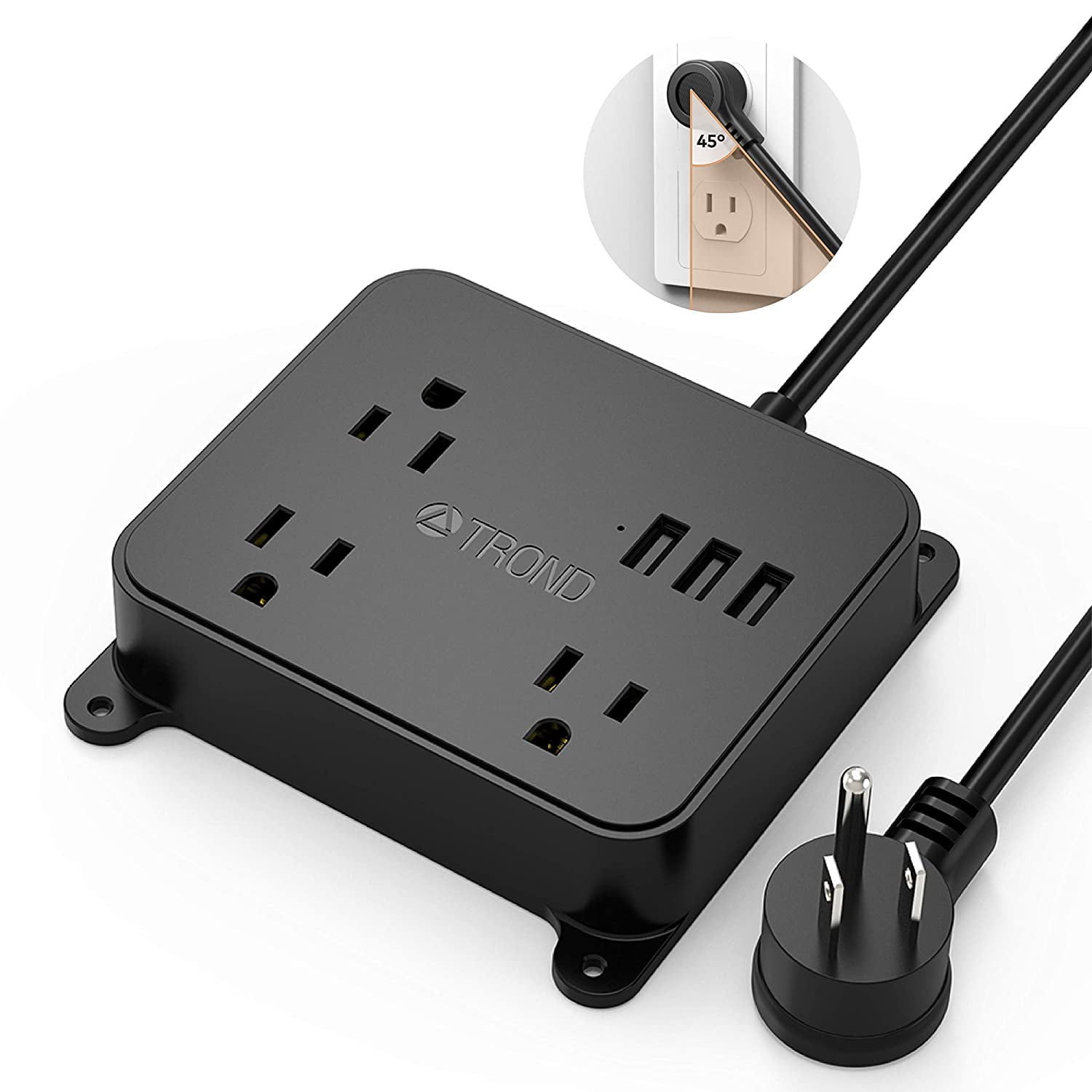 Power Bar with USB, TROND Power Strip Wall Mountable, 3 Widely Spaced