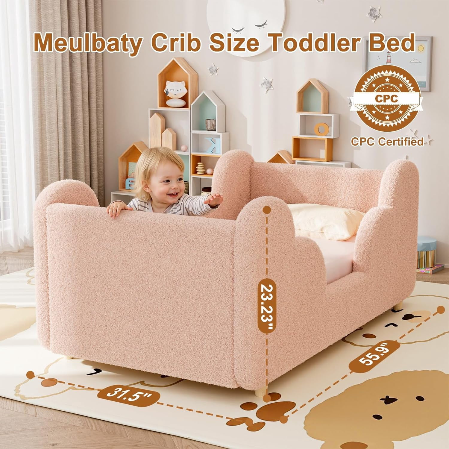 SLSY Toddler Bed,Sweet Pink Child Bed for Kids with Extra Safty Broad,Certified Fabric Toddler Floor Bed,Standard Crib Size(Mattress Not Included)