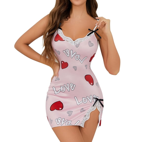 Tisuna Valentine Women'S Sexy Lace Nightdress Love Letter Print V Neck Onesie Slip Pajamas Fashion Funny Ladies Regular Fit Summer Nightgown Pink Size L