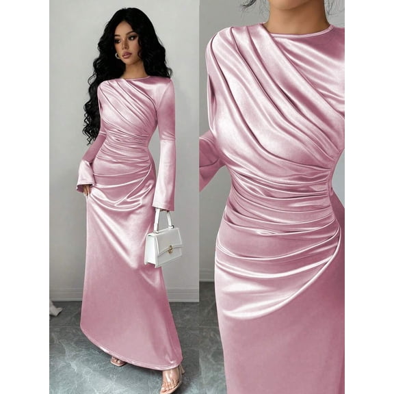 Bubblegum Pink Satin Mermaid Long Evening Dress With Round Neck And Ruched Long Sleeves