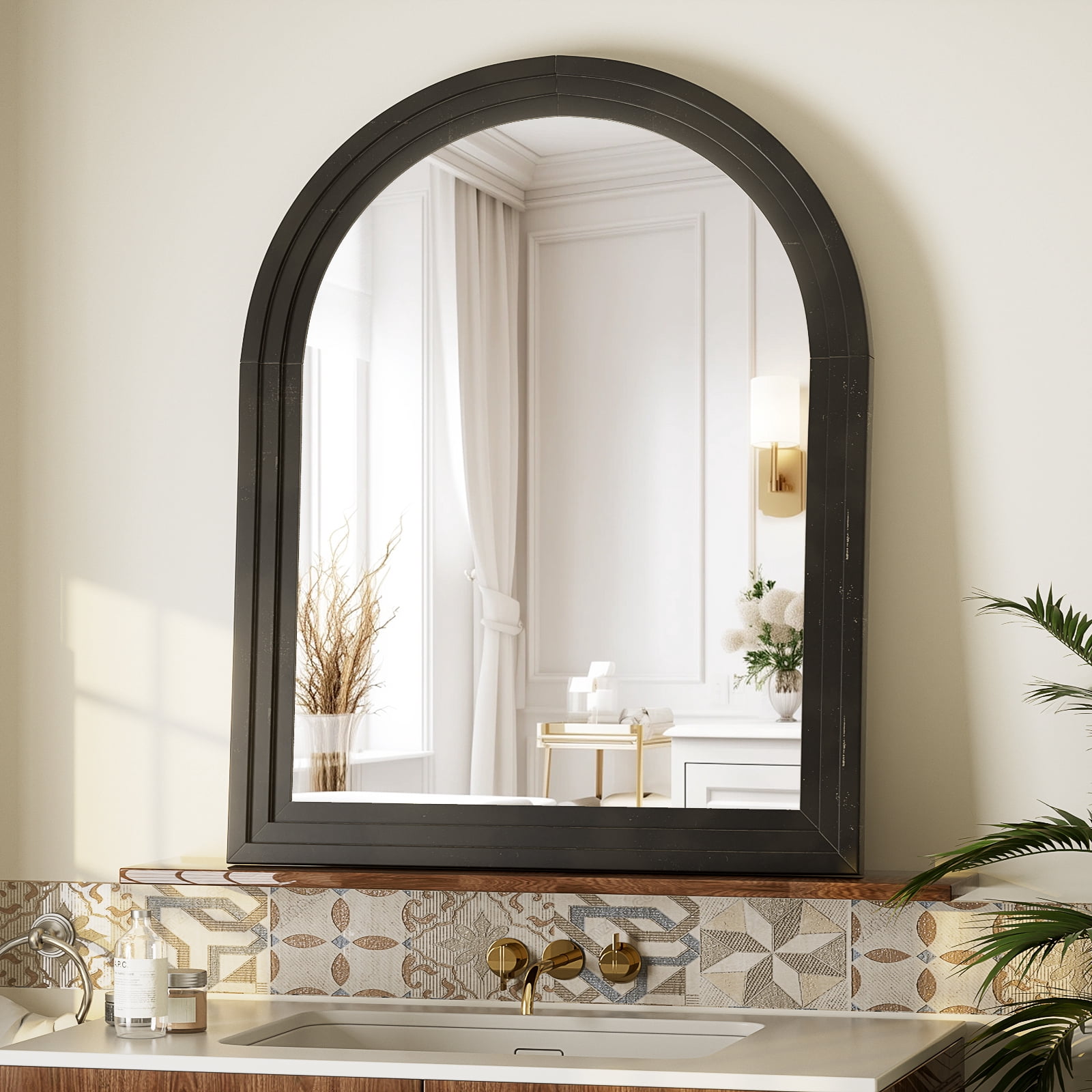BEAUTYPEAK 30"x40"Arched Bathroom Mirror Wooden Framed Wall Mirror，Black