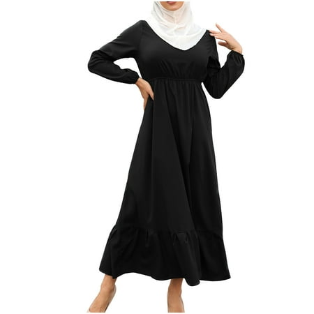 Women's Muslim Maxi Dress Zipper up Solid Color Long Sleeve Casual ...