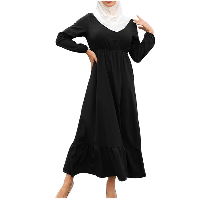Ersazi Robe Gainante Robe d'Été pour Femmes Musulmanes Fermeture Éclair Couleur Unie Manches Longues Robe en Liquidation Noir m
