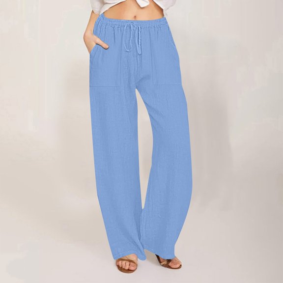 SELONE Womens Trouser Pants High Waist Plus Size Lounge Pants with Pockets Full Length Trouser Loose Casual Long Beach Pants Drawstring Solid Straight Blue S Tall Breathable Summer Clothes