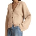 thumbnail image 3 of Women's Deep V Neck Cardigan Sweater Button Front Long Sleeve Short Knitted Jacket with Pockets, 3 of 5