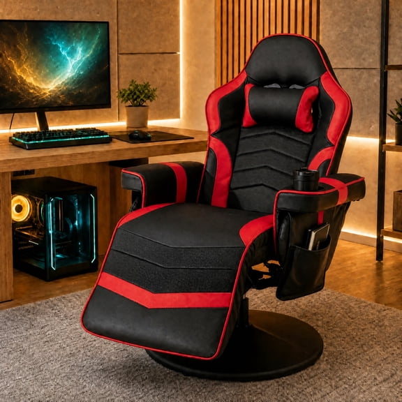 Goplus Massage Gaming Recliner Height Adjustable Racing Swivel Chair with Cup Holder Red