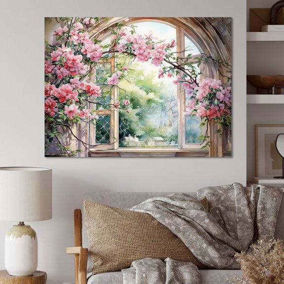 Designart "Gazing through Country Window at Pink Blossoms IV" Floral Wall Art - Traditional Pink Window Entryway Wall Art