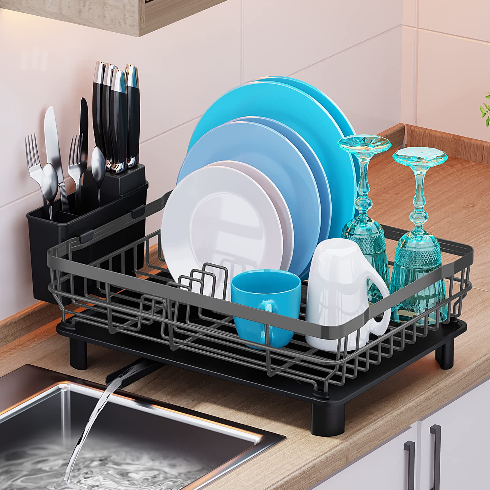 Dish Racks for Kitchen Counter, Dish Drainer,Dish Drying Rack with  Drainboard and Removable Utensil Holder(Grey/Gray) 