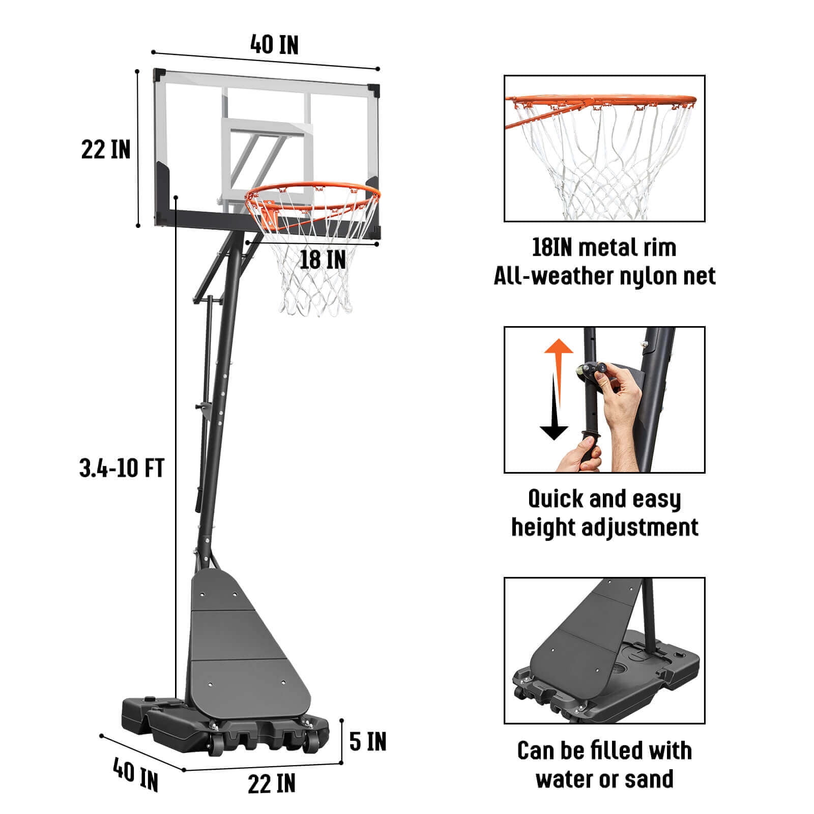 SERAY Adjustable Basketball Hoop 3.4-10 Feet, Portable Basketball Goal with 40 Inch Shatterproof Backboard & Wheels, Indoor/Outdoor Basketball System for Kids, Teens & Adults