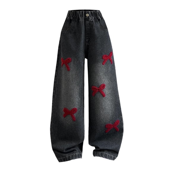 CPNG Teen Girls Bow Embroidered Straight Wide Leg Jeans Trendy Loose High Waist Elastic Waist Casual Denim Pants(Black,15-16 Years)