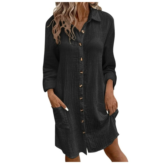 XDZJLR Women's Dresses Comfortable New Solid Color Button Mid Length Long Sleeve Loose Shirt Dress