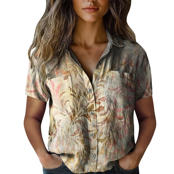 Womens Spring Summer Shirts Cotton Printed Fashion Casual Short Sleeve Shirts for Women
