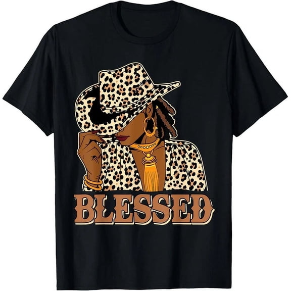 Retro Black Woman Leopard Print Cowboy Hat Blessed Graphic T-Shirt Melanin Queen Western Style Fashion Tee for Women