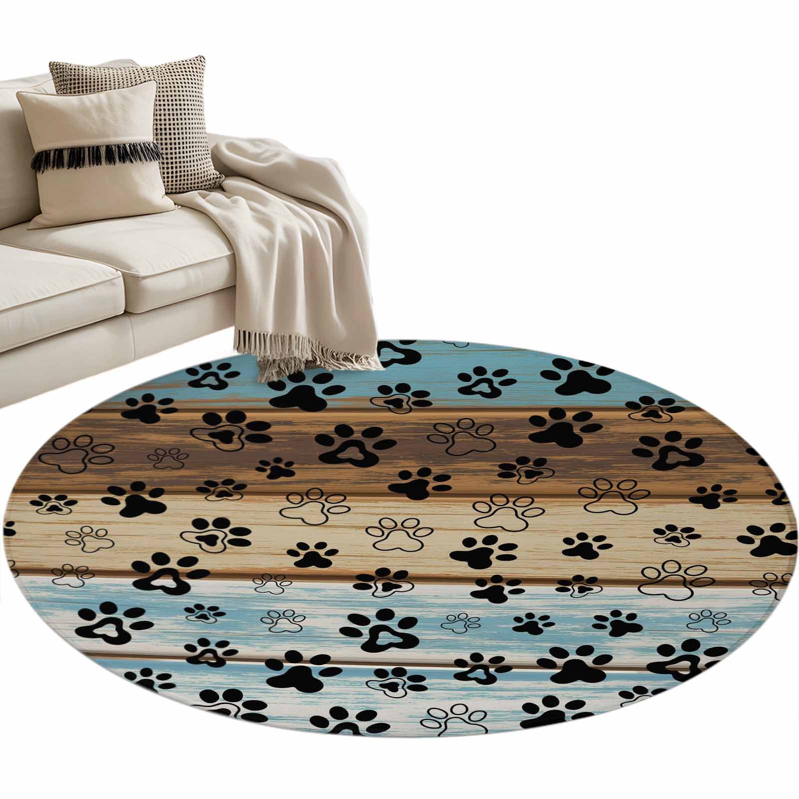 Round Area Rug 4 Ft, Cute Dog Claws Washable Non-Slip Circle Carpet for Living Room/Bedroom, Farmhouse Blue Wooden Puppy Pawprints Low-Profile Crawling Mats Collection Rugs for Indoor