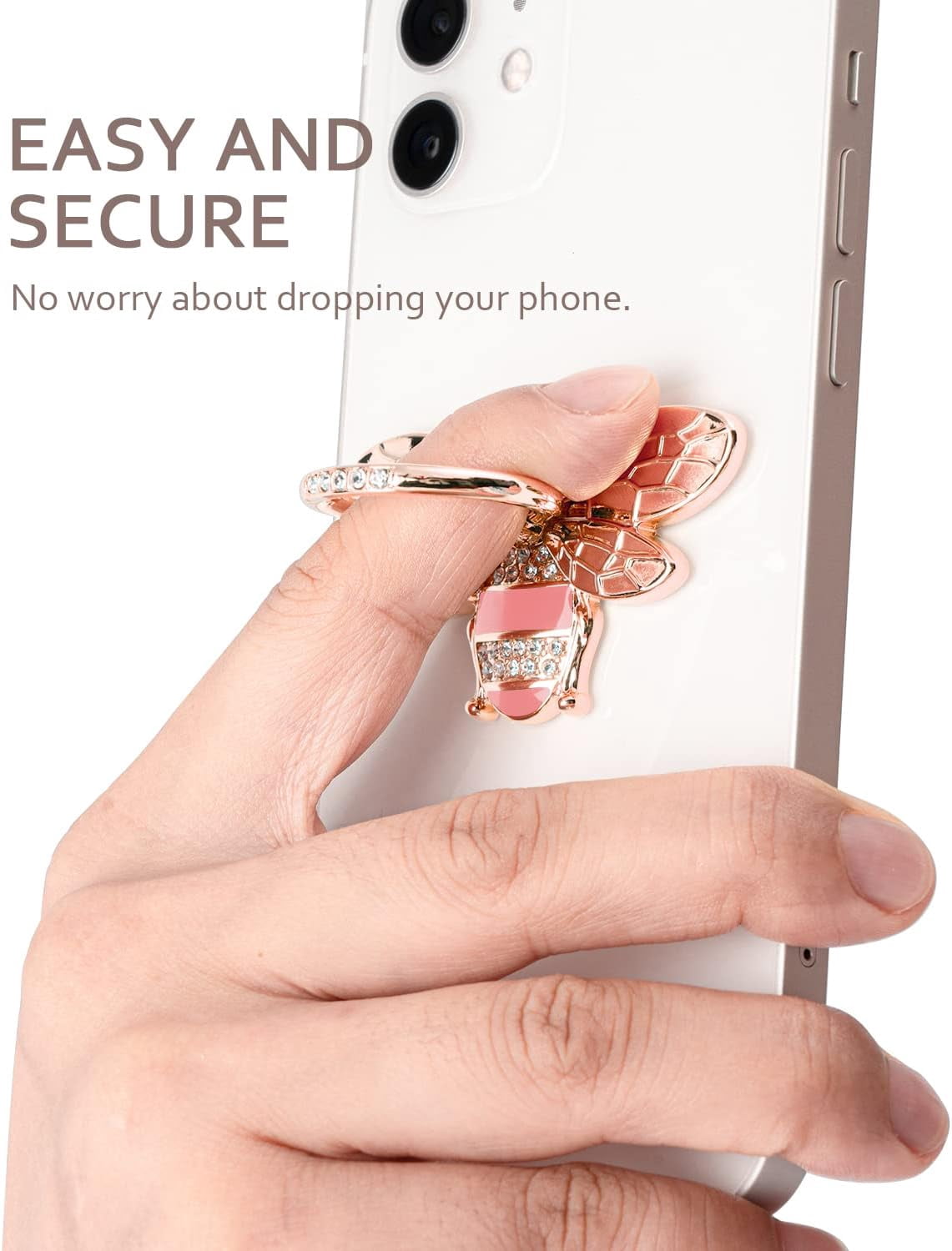 MKEUDQ-Cute Bee Phone Ring Grip Holder, Bling Phone Ring Holder Finger Kickstand Grip Compatible with iPhone and Android Phone Cases (Rosegold)