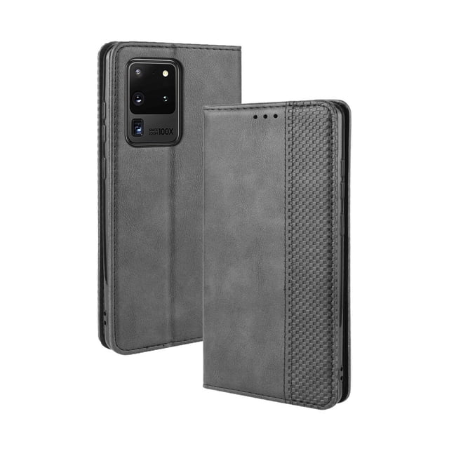 Compatible with Samsung Galaxy S20 Ultra 5G Case Magnetic Closure Vintage Pattern PU Leather Wallet Cover with Card Slots-Black