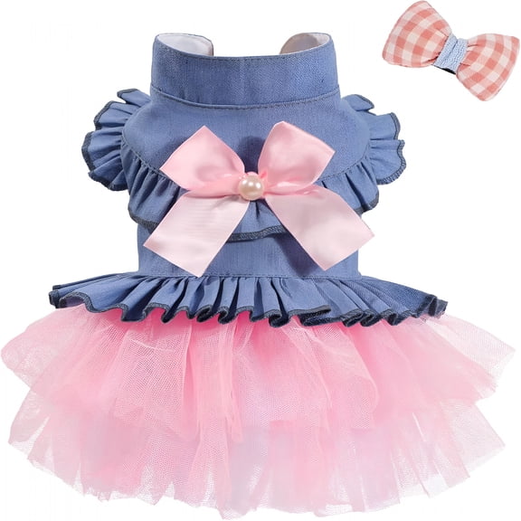 TELOLY Dog Dress, Fashion Puppy Tutu Princess Dresses for Small Dogs Girl, Sweet Skirt with Dog Bowknot Clips, Spring Dog Cat Clothes Pet Apparel (Denim Princess Dress, X-Small)