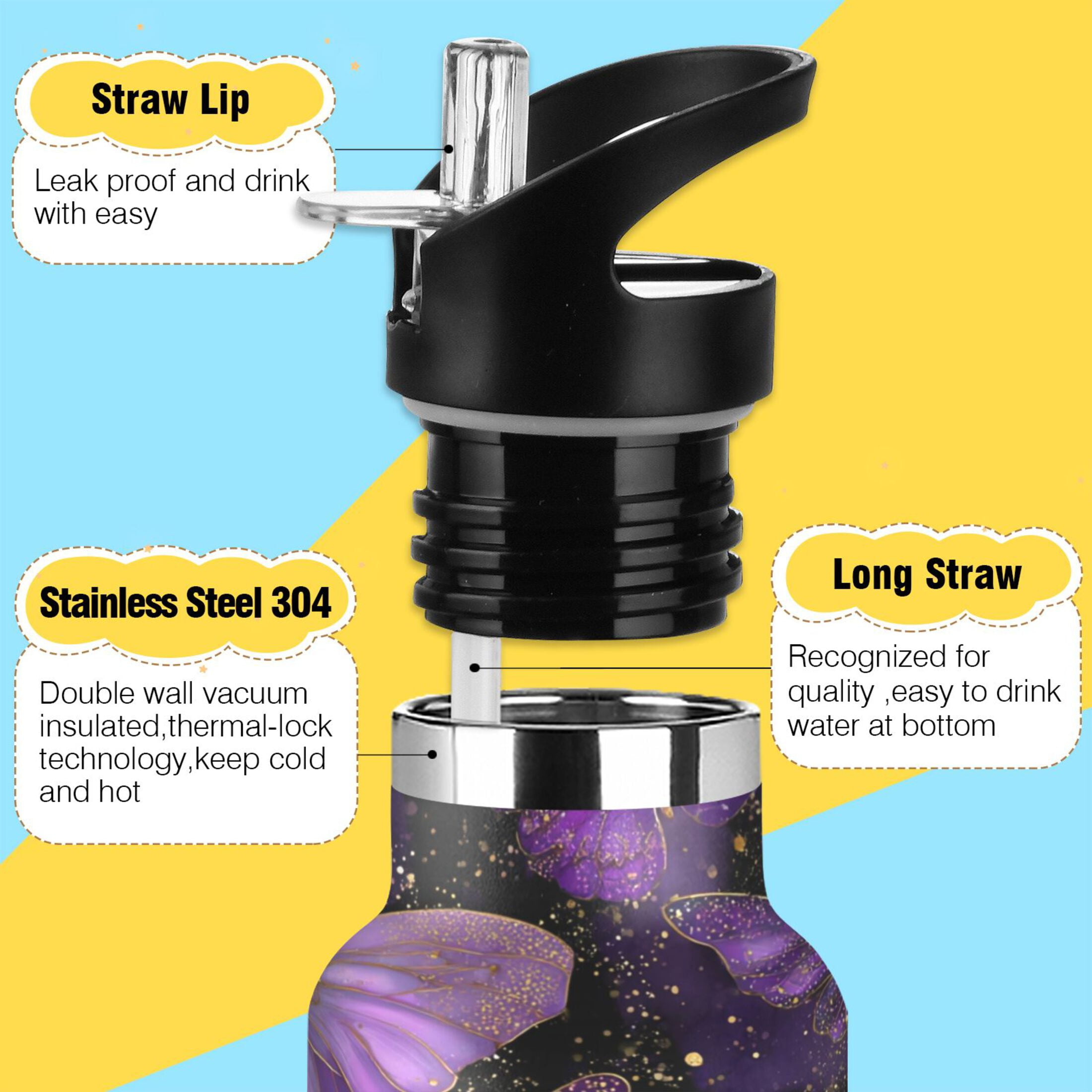 600ML Stainless Steel Insulated Cup Sports Water Bottle Portable Thermos Cup Water Glasses Insulated Tumblers Convenient and Durable Purple Butterflies