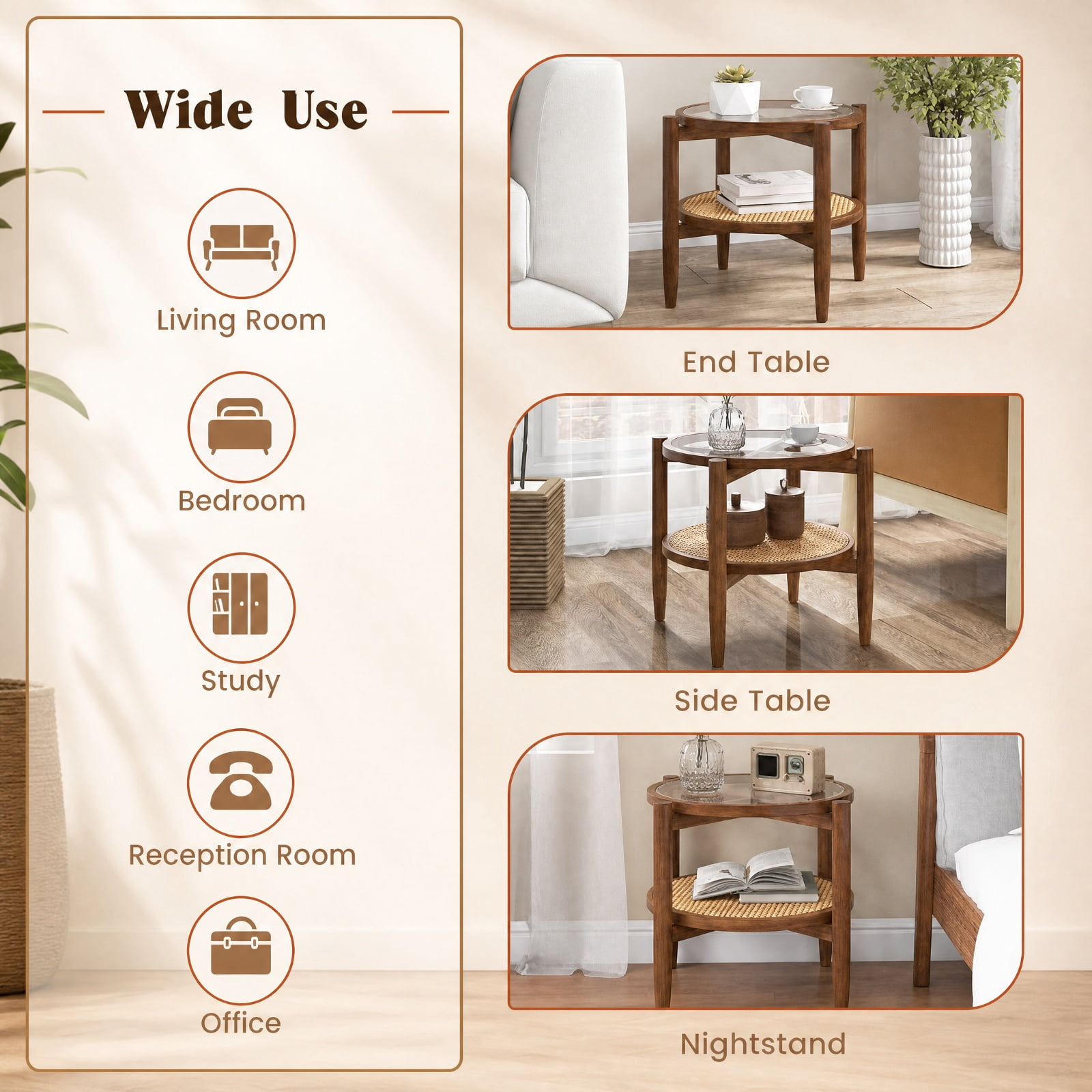Furnibear Set of 2 Rattan Round Side End Table with Tempered Glass Top and Woven Shelf on Acacia Wood Legs for Living Room Bedroom, Walnut