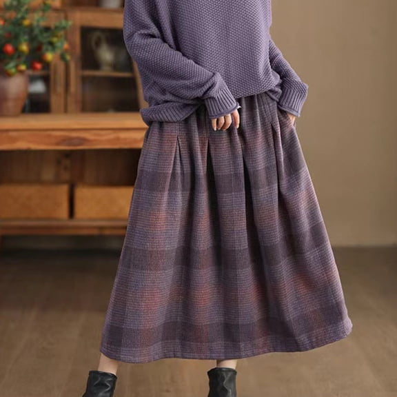 PNTUTB Women's Woolen Fashion Plaid Elastic Waist High Waisted Skirt Casual Loose A Line Skirt with Pockets