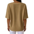 thumbnail image 3 of Elbow Length Tops Women Dressy Waffle Knit Crew Neck T Shirts Trendy Summer Loose Cute Blouses Half Sleeve Basic Tees Khaki XL, 3 of 4