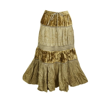 Velvet Tiered Skirt - Mogul Womens Tiered Skirt Olive Green Velvet Touch Rayon A-LINE Hippy Gypsy Medieval Vintage Skirts