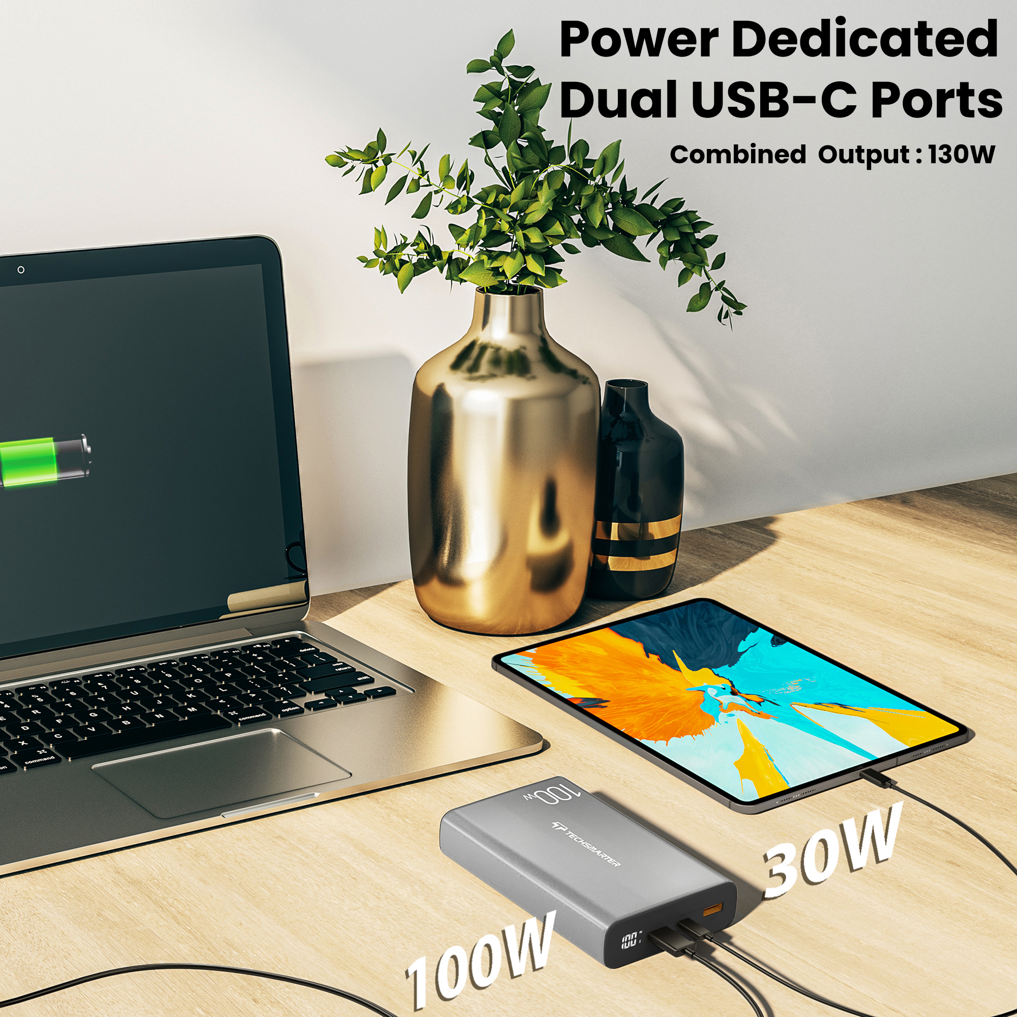 Techsmarter 20000mah 100W (Max 130W) Dual USB-C PD PPS Power Bank with Samsung Super Fast Charging. Portable Charger Compatible with iPhone, Galaxy, iPad, MacBook, Chromebook, XPS, ThinkPad, Surface