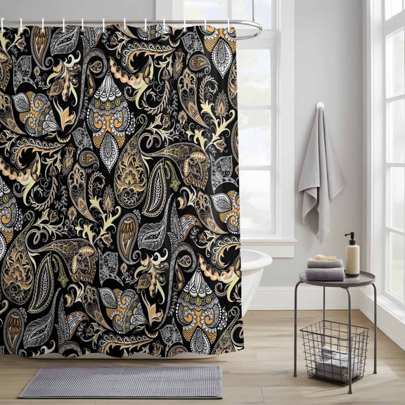 Bathroom Shower Curtain Abstract Paisley Texture on Black Waterproof Shower Curtains with Hooks, Vintage Ethnic Floral Bath Curtains Bathtub Curtain Home Decor 36x72in