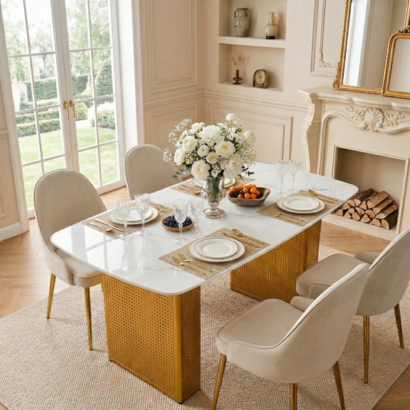 2. Marble-Patterned Rectangular Tempered Glass Dining Table, Modern Design with Gold Dual-Pedestal Metal Base for Home,Gold