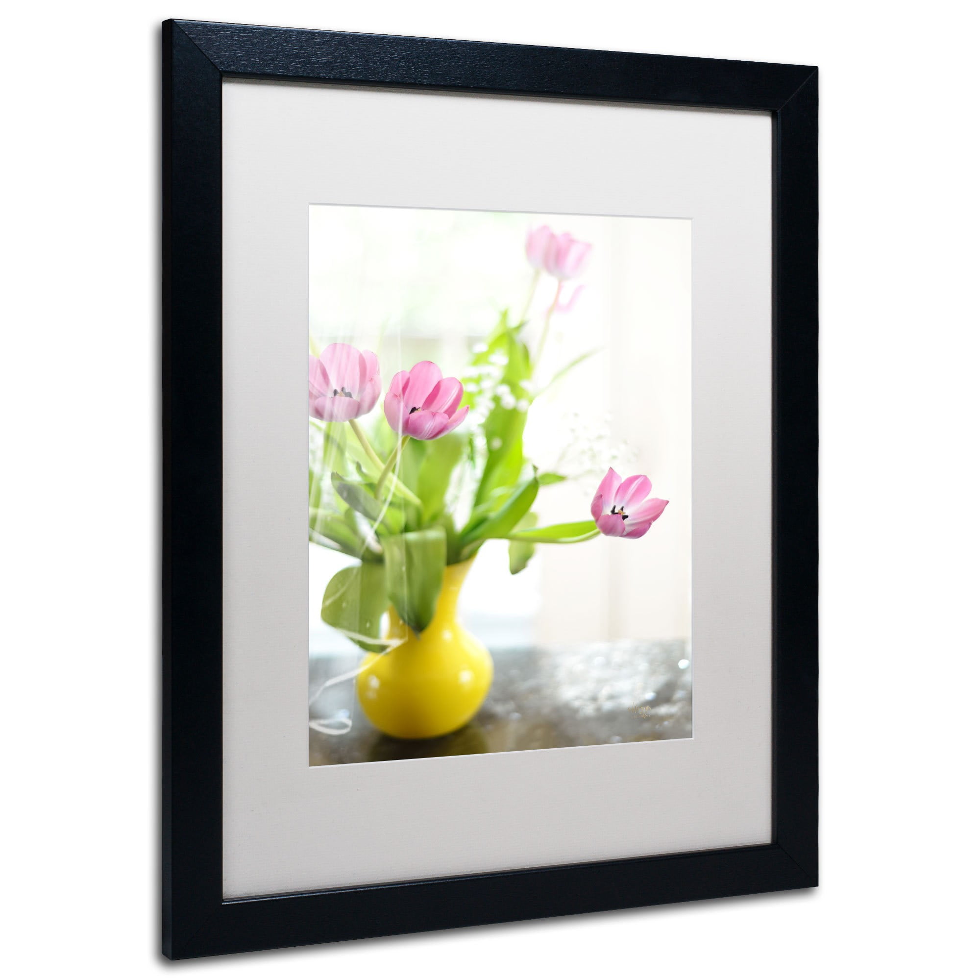Trademark Fine Art "Pink Tulips in Yellow Vase" Canvas Art by Lois Bryan, White Mat, Wood Frame