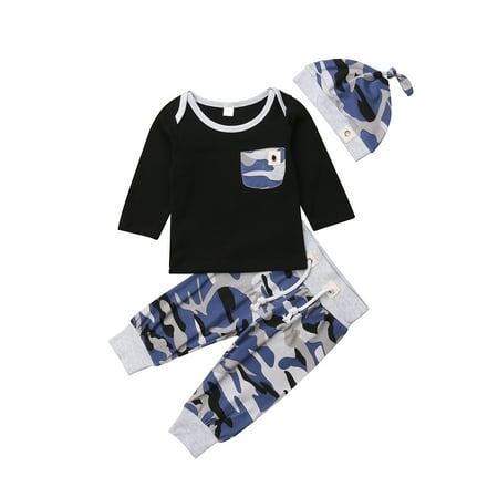 

Toddler Baby Boys Clothes Camouflage Top + Long Pants + Hat Outfits Set