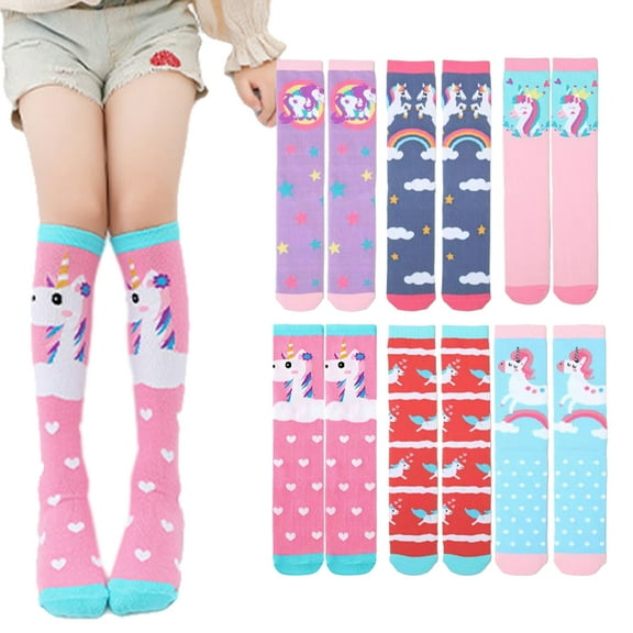 Esaierr Kids Toddler Girls Printed Socks,3-12 Years Old 3 Pairs Knee-High Cartoon Stockings,Girls Mid-Calf Socks